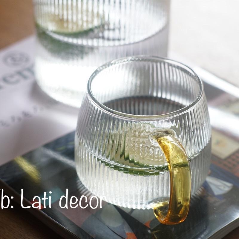 Cốc thủy tinh Vân sọc bầu Quai vàng , Cốc sinh tố, ly trà cafe thủy tinh cao cấp