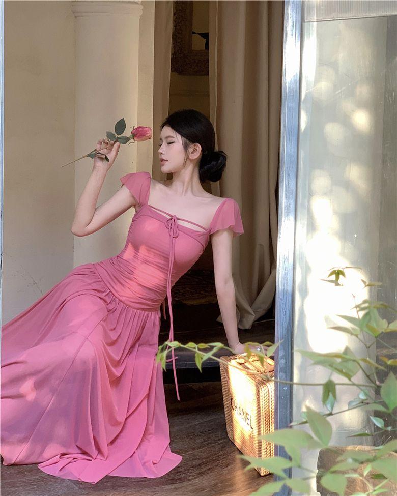 CHENGRUI Pháp ngọt ngào quần chúng lưới váy mùa hè nàng tiên khí chất thắt lưng hiển thị gầy váy xếp nếp nhẹ nhàng váy dài gió