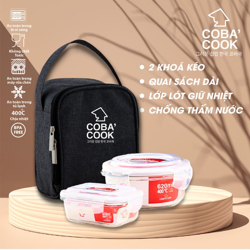 Bộ 2 hộp đựng cơm thủy tinh COBACOOK trữ thức ăn thực phẩm chịu nhiệt hình tròn 620ml và 370ml KÈM 1 túi giữ nhiệt- CCR6L32BS