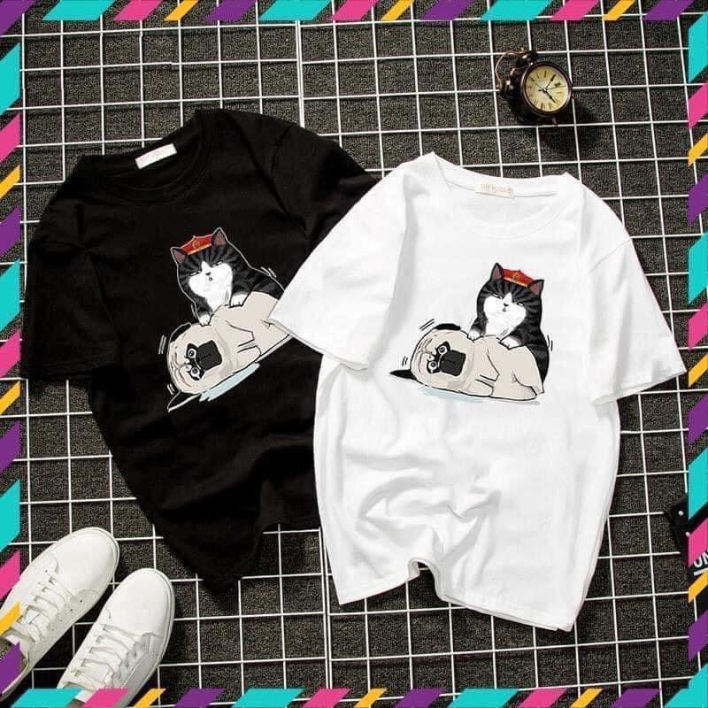ÁO THUN UNISEX NAM NỮ mèo đấm lưng cho chó