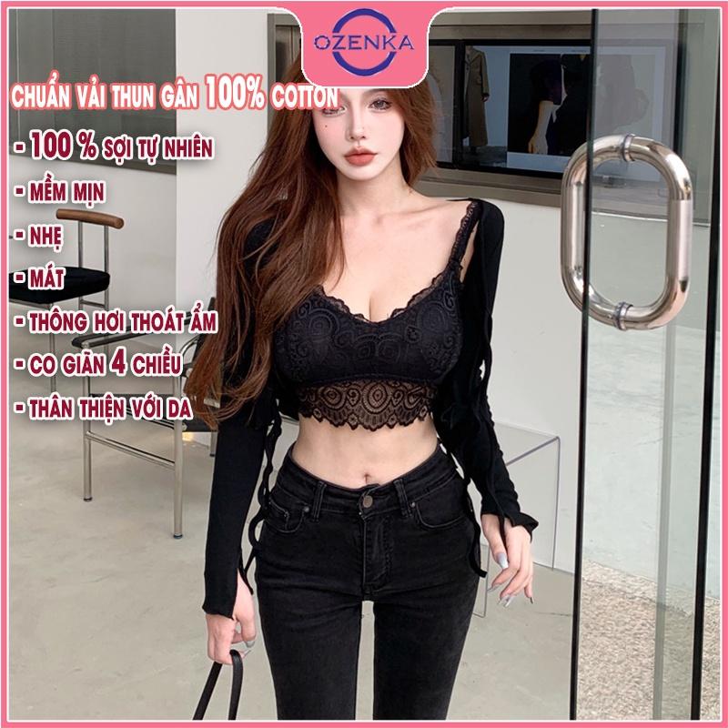 Áo cardigan croptop tay dài khoác ngoài nữ, áo kiểu buộc dây gợi cảm thun gân cotton 100% màu đen trắng đẹp