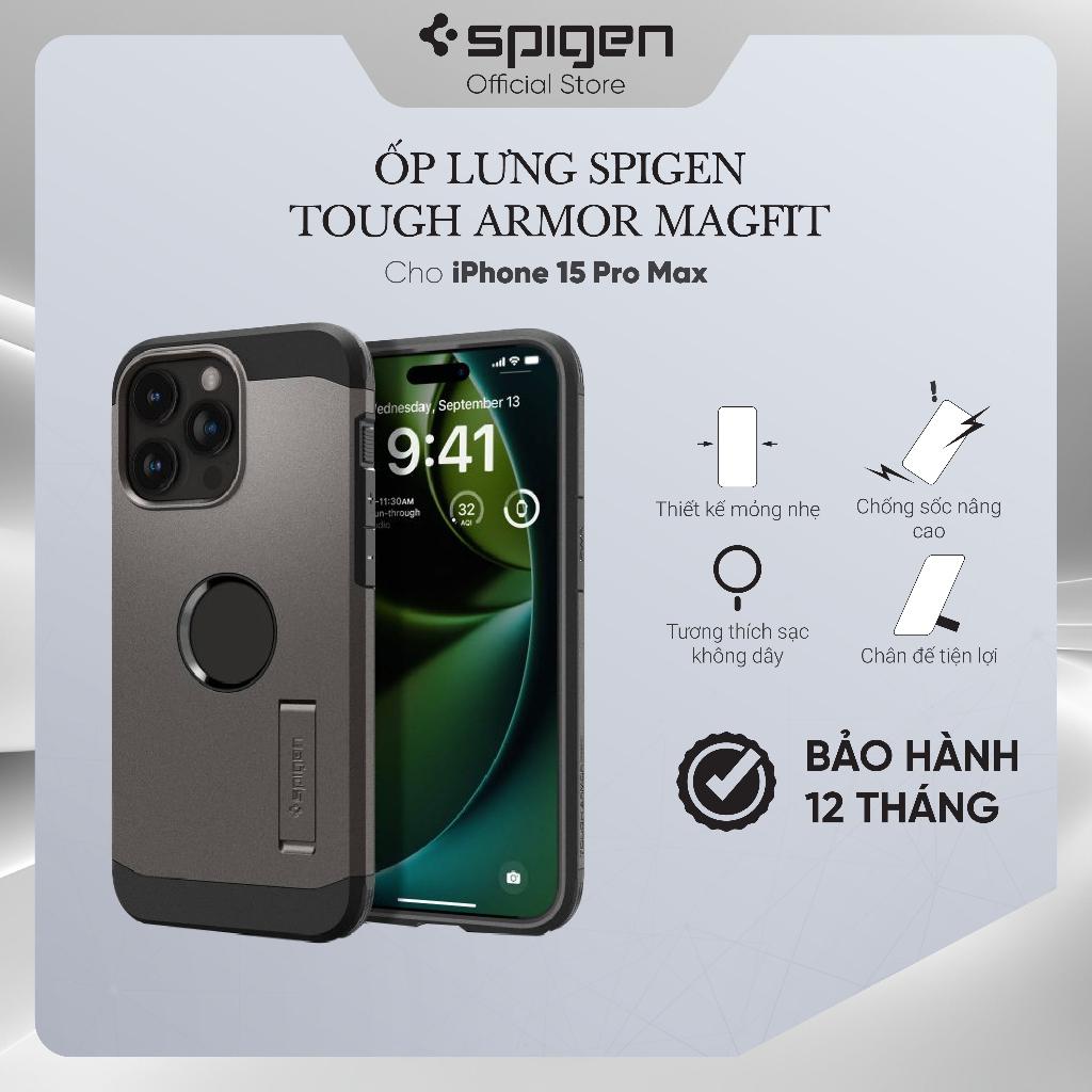 Ốp lưng cho iPhone 15 Pro Max Spigen Tough Armor Magfit tương thích sạc không dây - Hàng chính hãng
