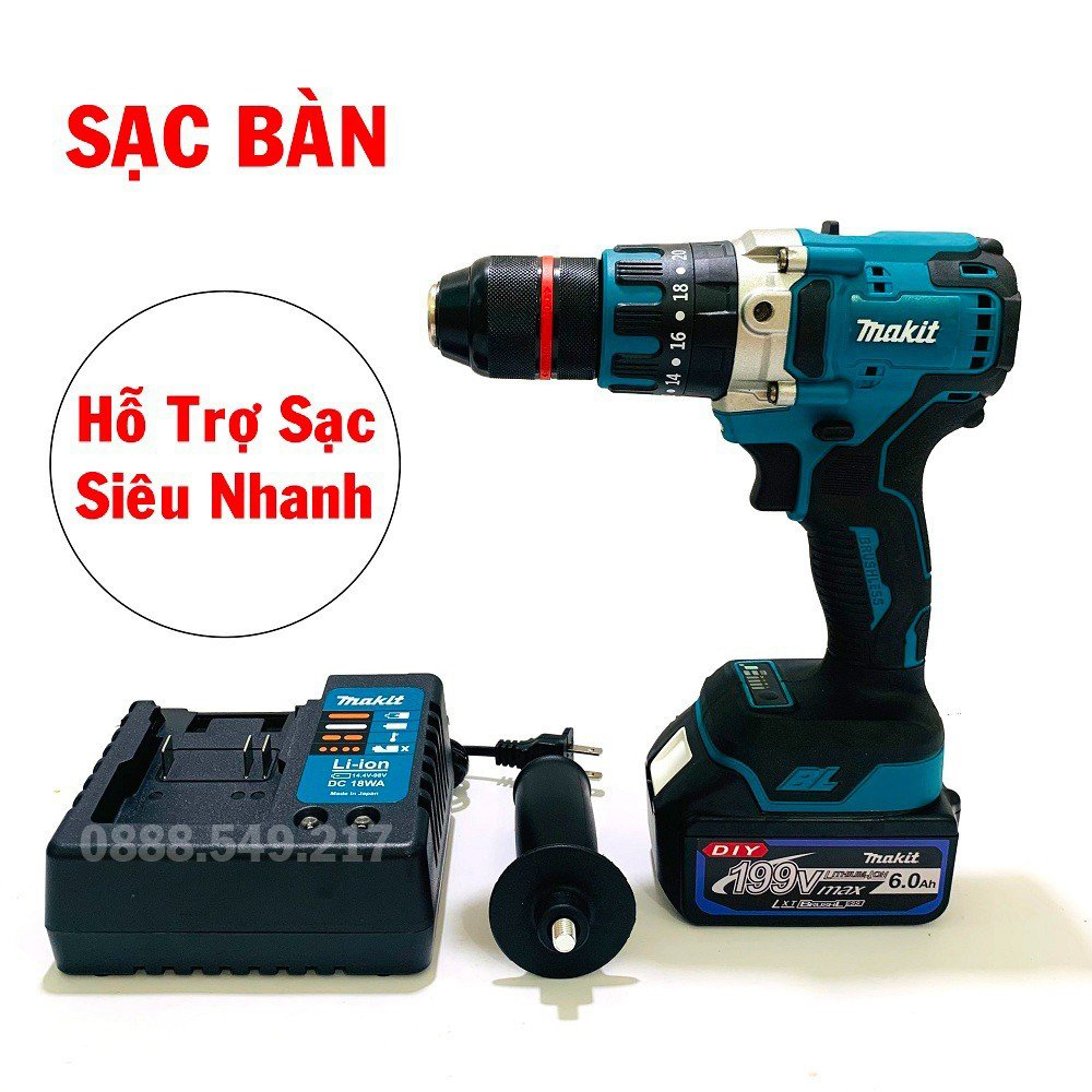 Máy Khoan Pin Chuyên Dụng Đa Chức Năng  Đầu AutoLock 13 Ly Pin 10 CELL 199V Không Chổi Than Có Búa - Chuyên Khoan, Bắt Vít, Bắn tôn Cực Khỏe