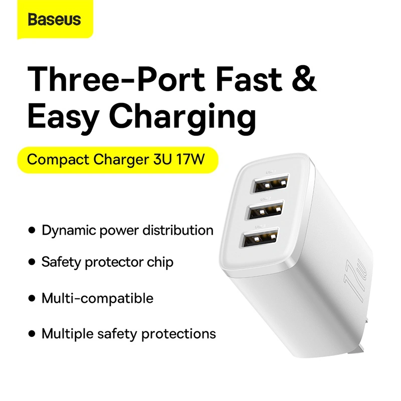 Cóc củ sạc nhanh 17W đa năng 3 cổng USB A hiệu Baseus Compact Charger 3U trang bị chip sạc thông minh, công nghệ tản nhiệt BCT, chân cắm US-UK - hàng nhập khẩu