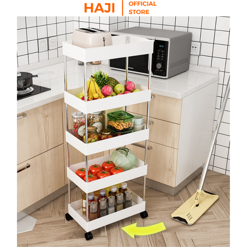 Kệ đựng đồ 4 tầng đa năng có bánh xe di chuyển dùng sắp xếp đồ vật gọn gàng HAJI NA17