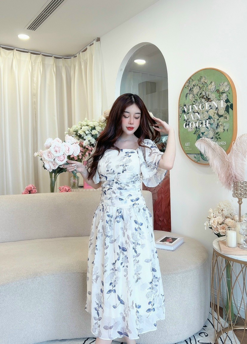 Đầm váy voan lụa nữ dự tiệc cổ vuông cách điệu ngực trắng xanh gợi cảm