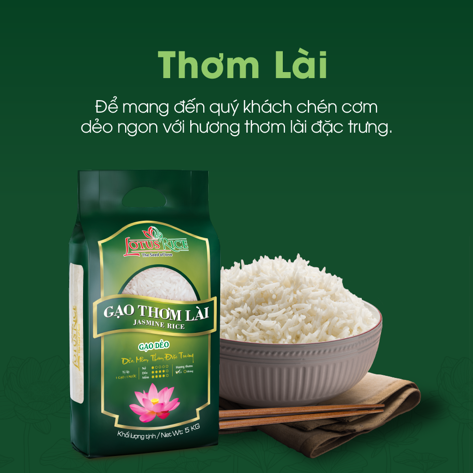 Gạo Thơm Lài Lotus Rice 5kg - Cơm mềm dẻo vừa - Chuẩn xuất khẩu