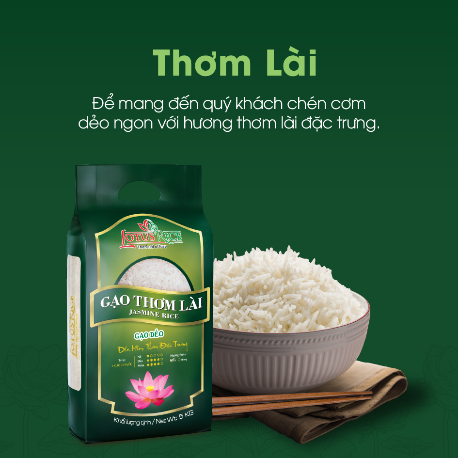 Gạo Thơm Lài Lotus Rice 2kg - Cơm mềm dẻo vừa - Chuẩn xuất khẩu