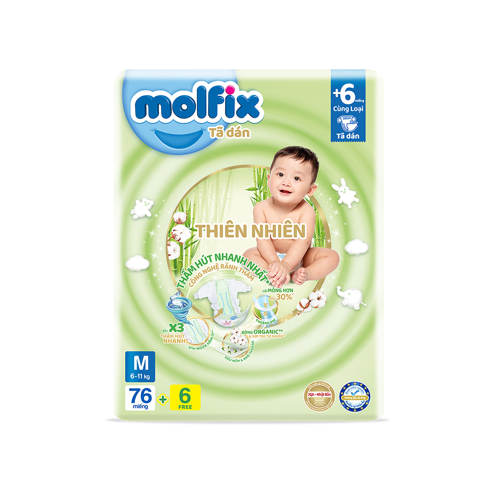 Tã/bỉm dán Molfix Thiên nhiên Super Jumbo M (6kg - 11kg) - Gói 76+8 miếng