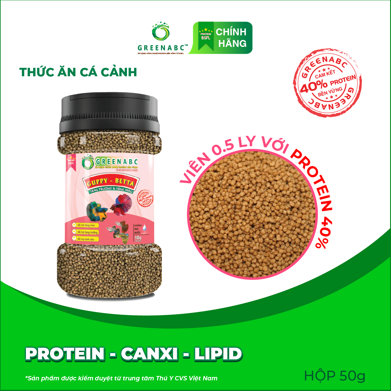 Thức ăn Cá 7 Màu GREENABC - Guppy & Betta – Hàm lượng protein 40% giúp tăng trưởng nhanh, lên màu đẹp, đề kháng tốt – Hộp 50g