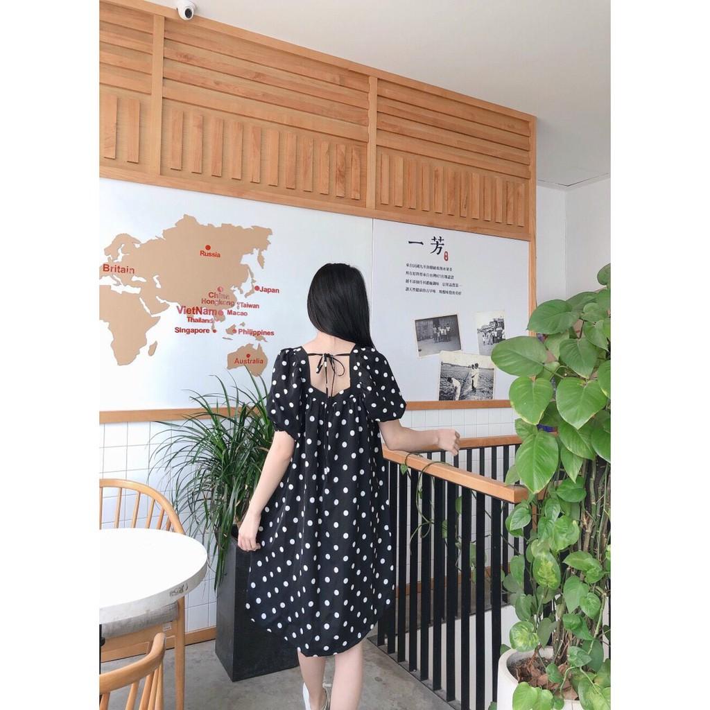 ĐẦM SUÔNG CHẤM BI CỔ VUÔNG CỘT NƠ SAU TAY LỠ PHỒNG DÁNG BABYDOLL-hình thật shop chụp