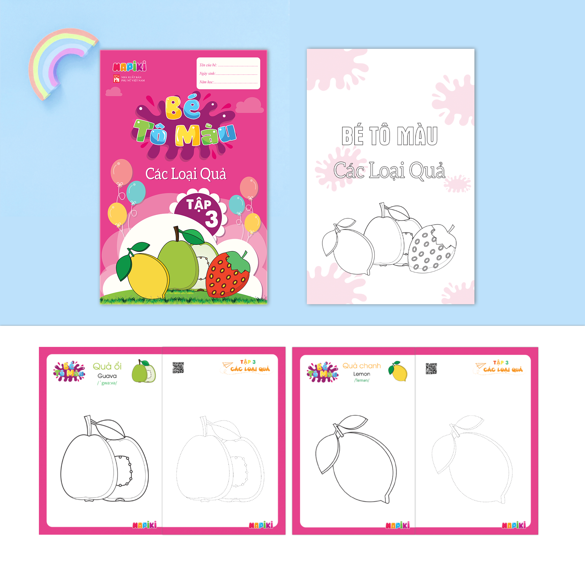 Sách tô màu chủ đề Các loại quả tập 3 - Cho cả bé trai, bé gái - 2 tuổi, 3 tuổi, 4 tuổi - Hapiki book