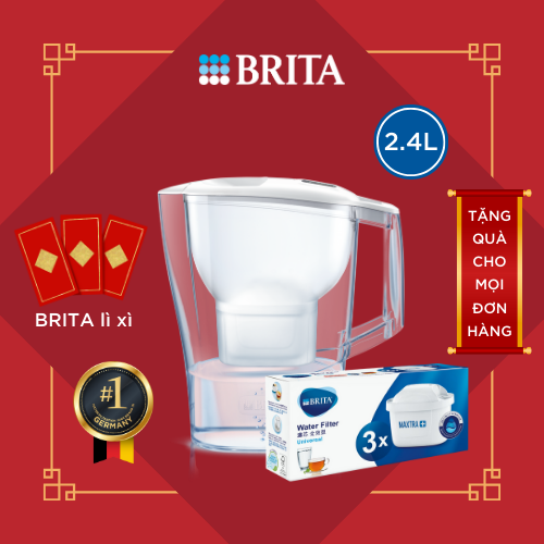 Combo Bình lọc nước BRITA Aluna Cool White 2.4L kèm Hộp 3 lõi lọc BRITA Maxtra Plus - Hàng Chính Hãng