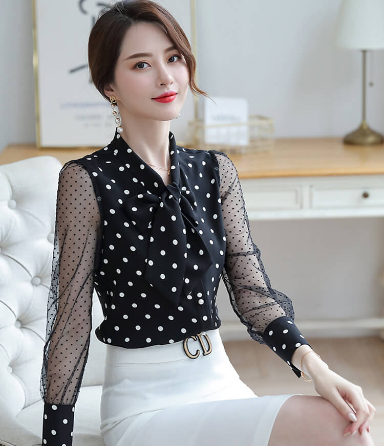 ÁO CÔNG SỞ CHẤM BI THẮT NƠ CỔ ÁO