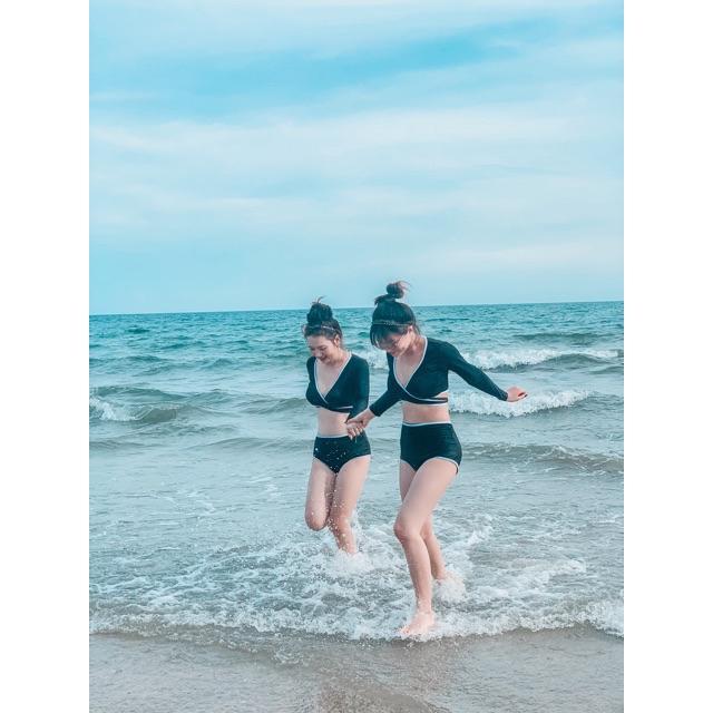 Bikini Đồ Bơi Dài Tay Viền Trắng- Savvy- Phối Quần Tam Giác Cạp Cao