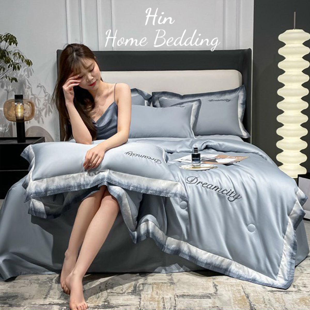 Bộ Chăn Ga Gối Đệm 5 Món Chăn Phao Lụa Thái Hin Home Bedding Mẫu Xanh Nhạt