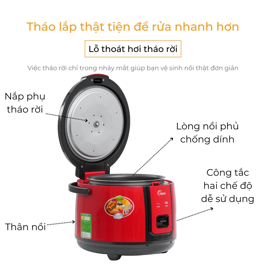 Nồi cơm điện 1.8L - hàng chính hãng thương hiệu Hare - bảo hành 12 tháng