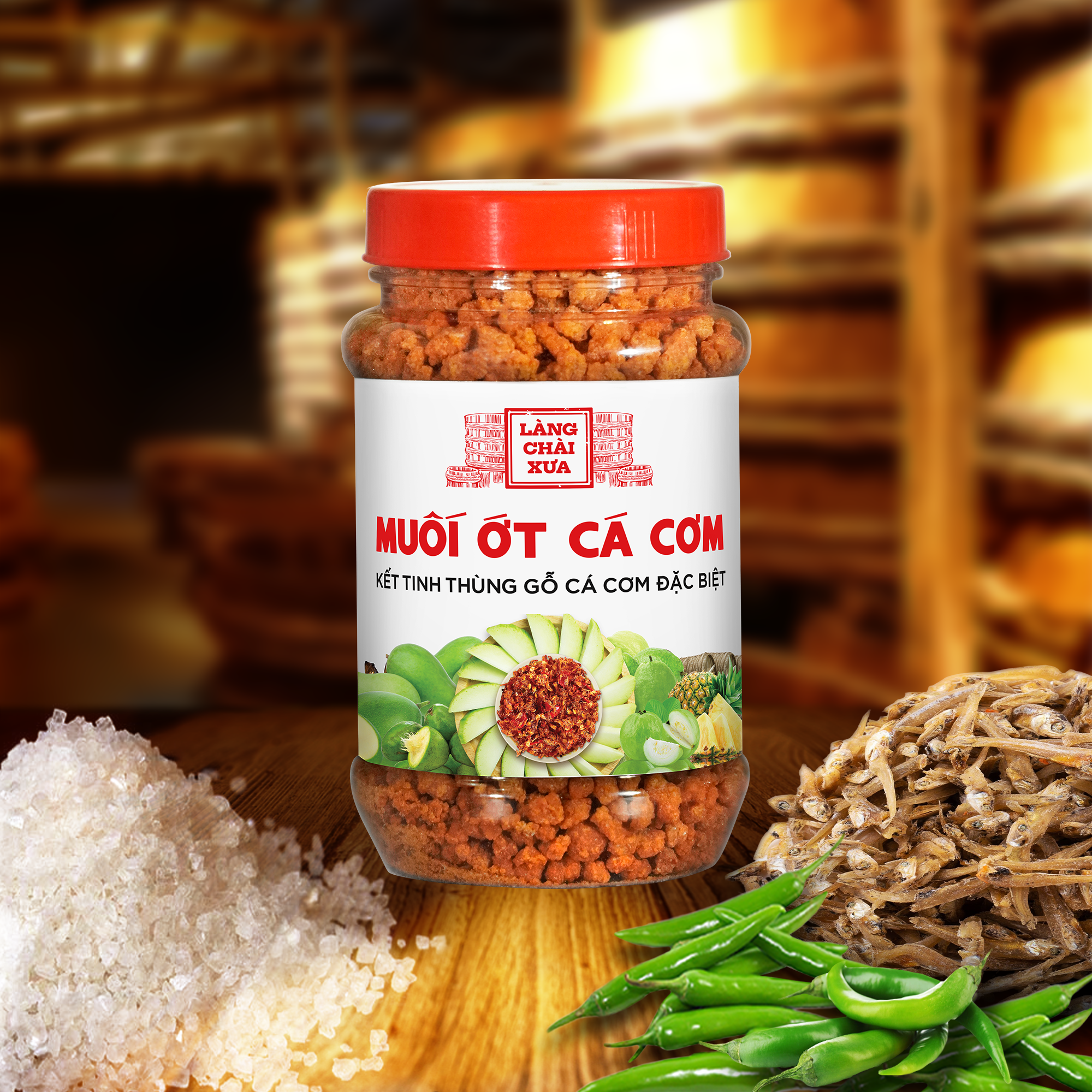 Muối ớt cá cơm Làng Chài Xưa kết tinh thùng gỗ, cá cơm đặc biệt thơm ngon hủ 180g