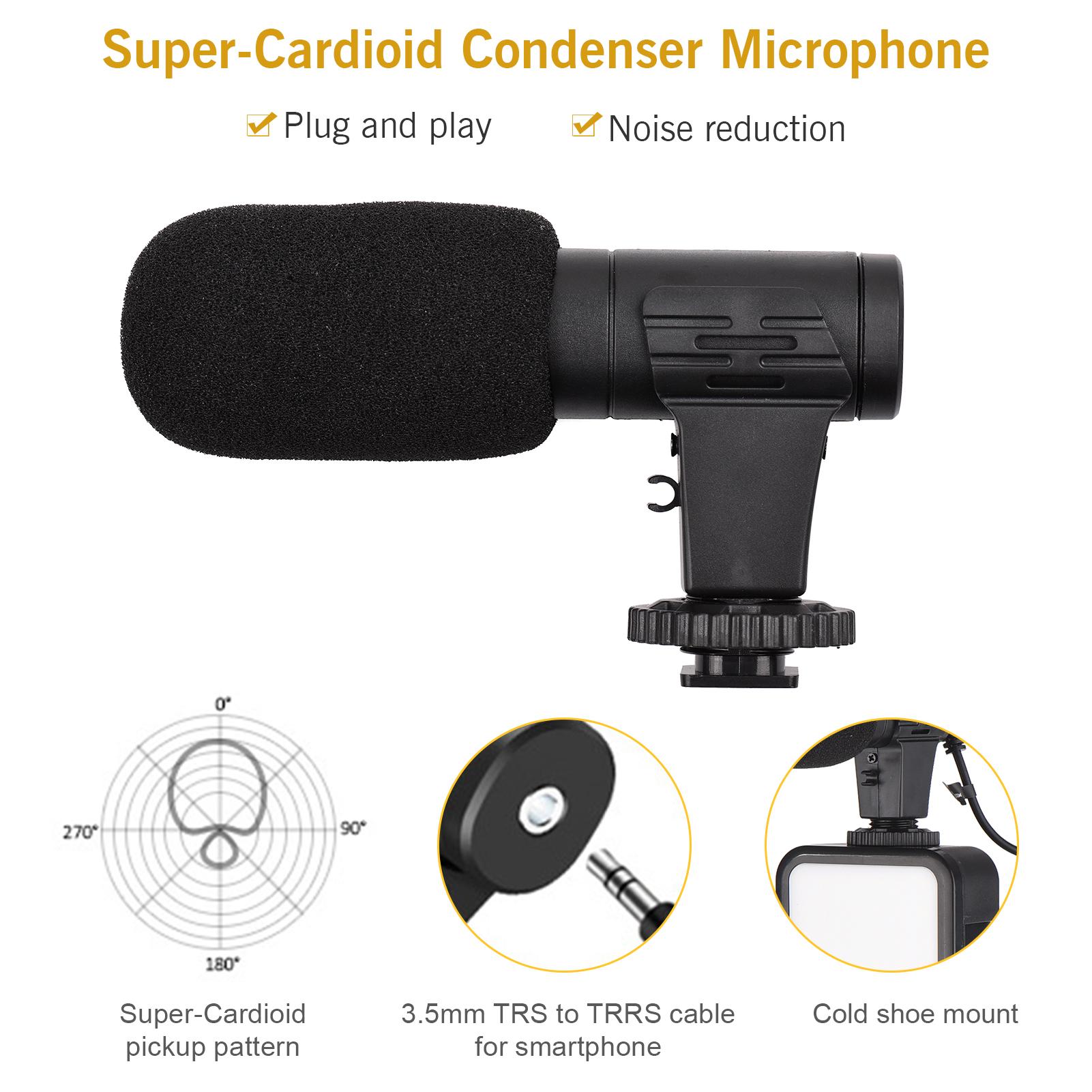 Vlog Shooting Kit Mini LED Video Light + Super Cardioid Condenser Microphone + Phone Clip + Tripod + Remote Shutter