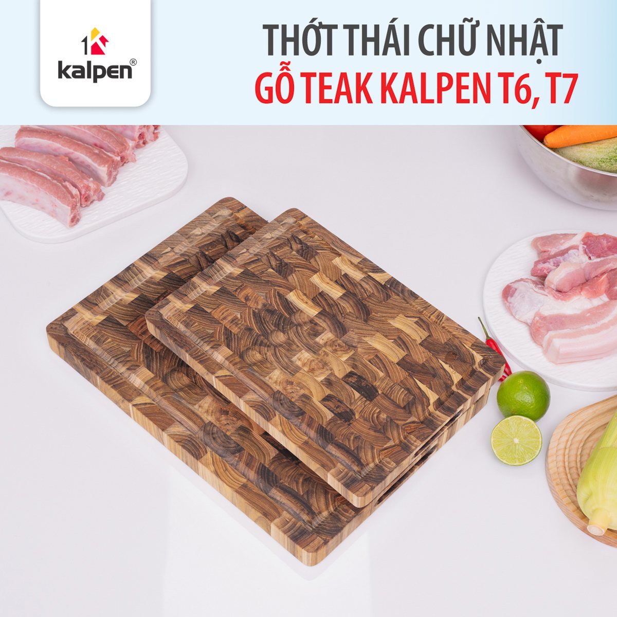 Thớt thái chữ nhật gỗ Teak tự nhiên KALPEN T6 20x30cm/ T7 25x35cm dầy 2.5cm hàng chính hãng