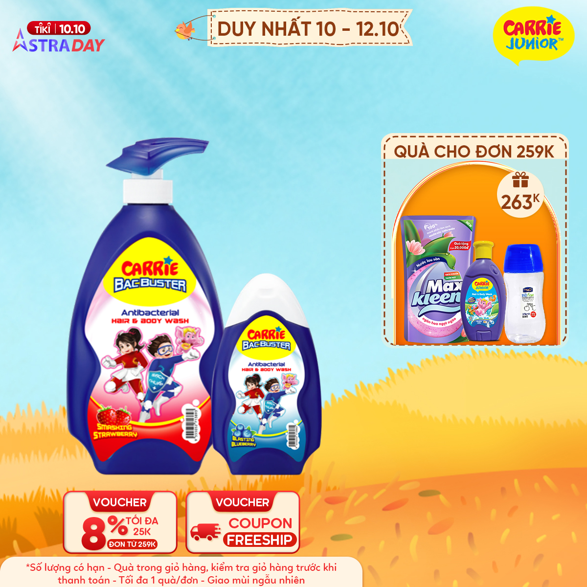 Combo Sữa Tắm Gội Sạch Khuẩn Carrie Junior BacBuster: Strawberry 700g + Blueberry 280g