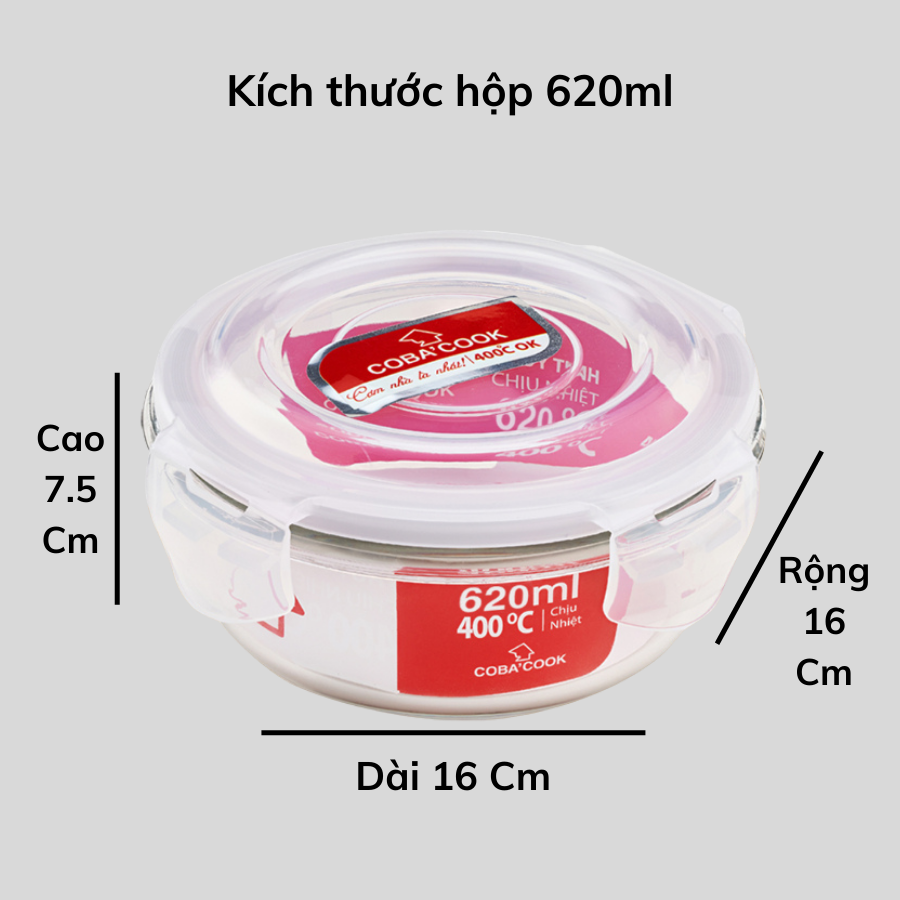 Bộ 4 hộp thủy tinh hình tròn COBA'COOK chịu nhiệt đựng thực phẩm 2 hộp 950ml 2 hộp 620ml - CCR6R94