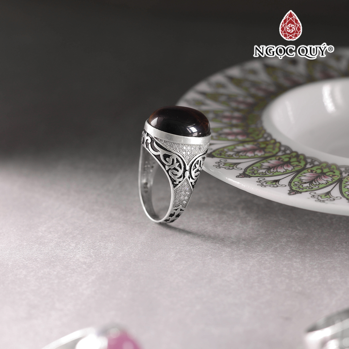 Nhẫn bạc nam đá mắt hổ vàng nâu ni 19 mệnh thổ, kim - Ngọc Quý Gemstones