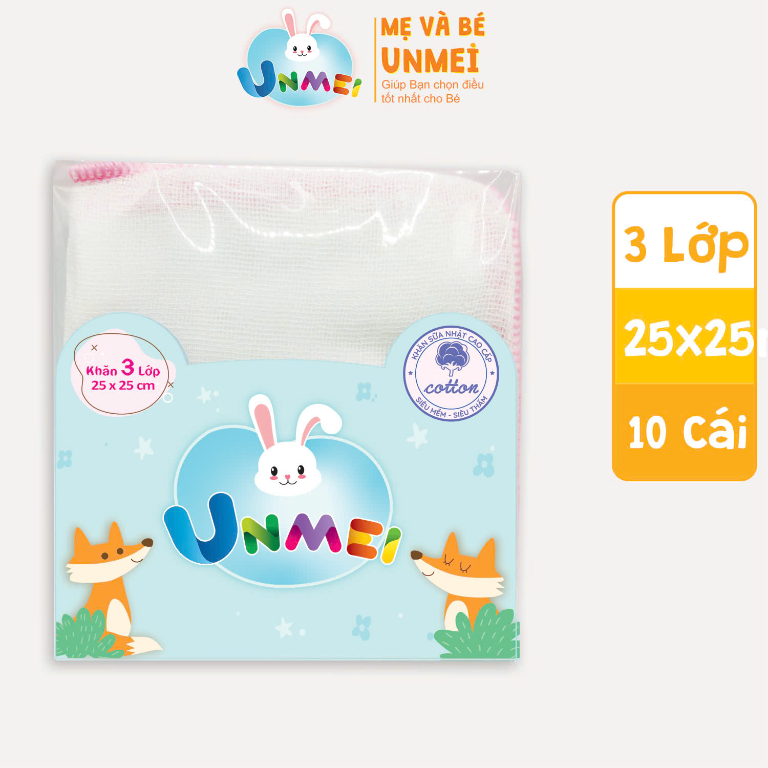 Bịch 10 Cái Khăn Sữa UNMEI Xuất Nhật 100% Cotton, Dày 3 Lớp Dành Cho Bé Từ Sơ Sinh (Kích Thước 25x25cm)