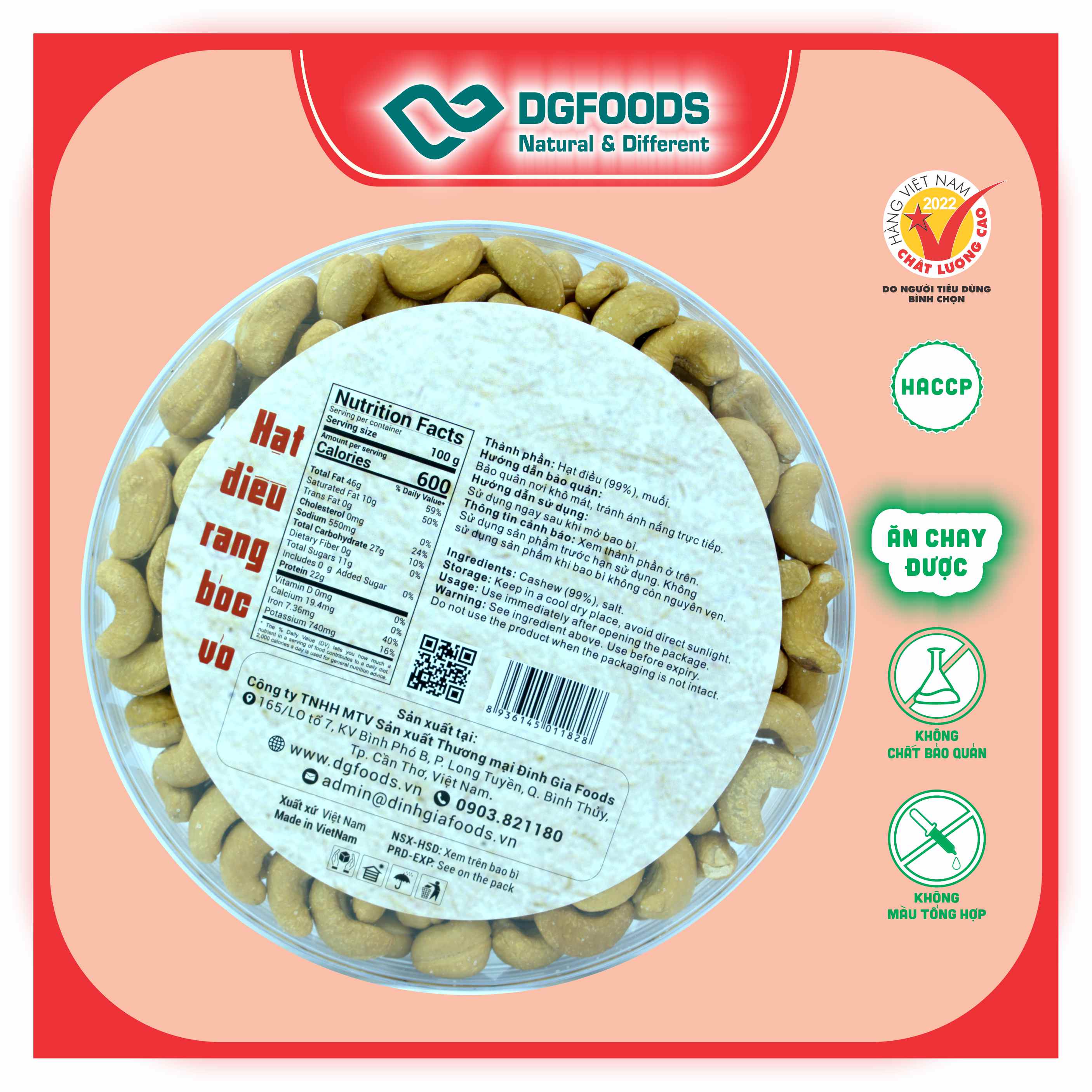 Hạt Điều Rang bóc vỏ Dgfoods 350g/hộp tròn Sun, HVNCLC, Haccp, Halal, Ăn chay, Ăn kiêng, Đặc sản Cần Thơ, hạt điều Bình Phước, hạt dinh dưỡng, quà Tết, hàng Tết, quà tặng, quà tặng cao cấp