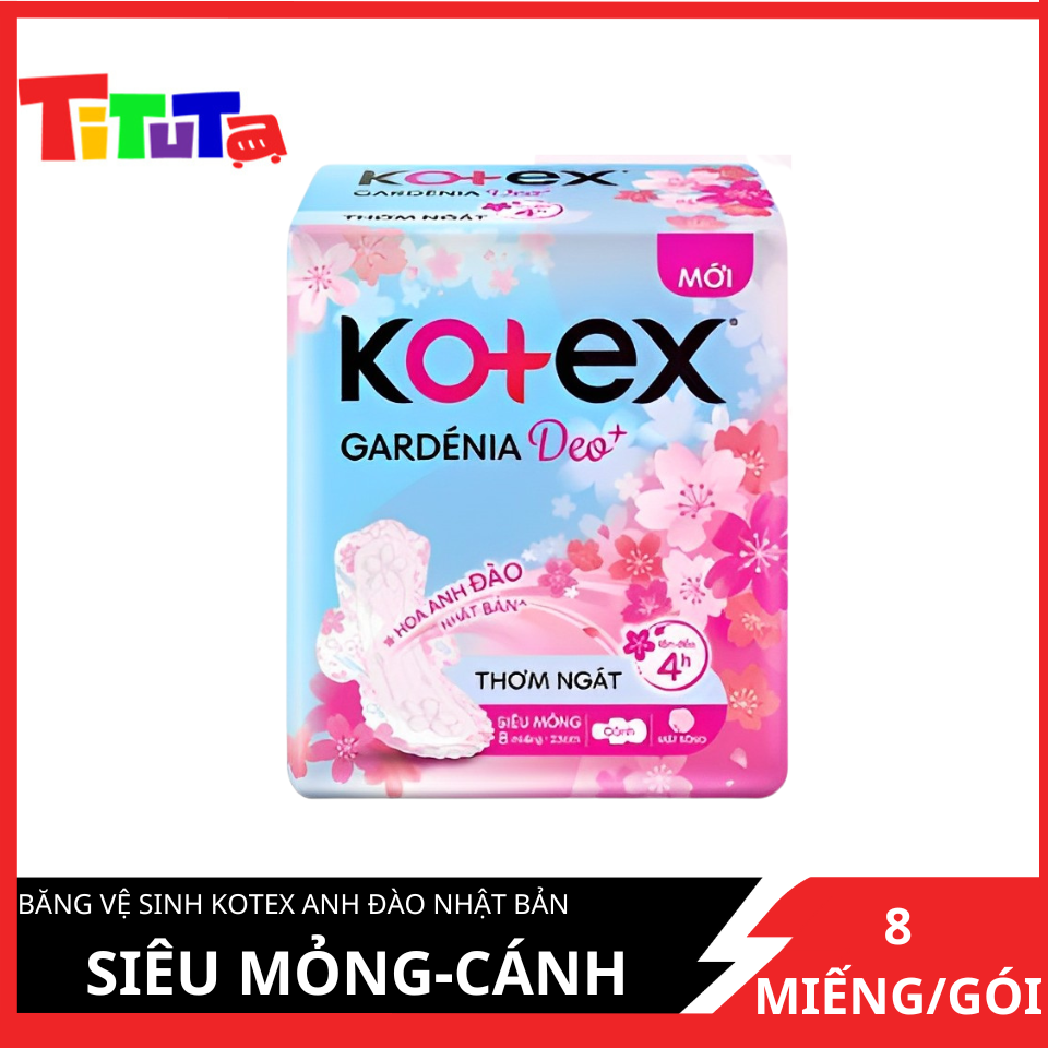 Băng Vệ Sinh Kotex Gardenia Deo + Hương Hoa Anh Đào, Mặt bông, Siêu Mỏng Cánh, Gói 8 Miếng