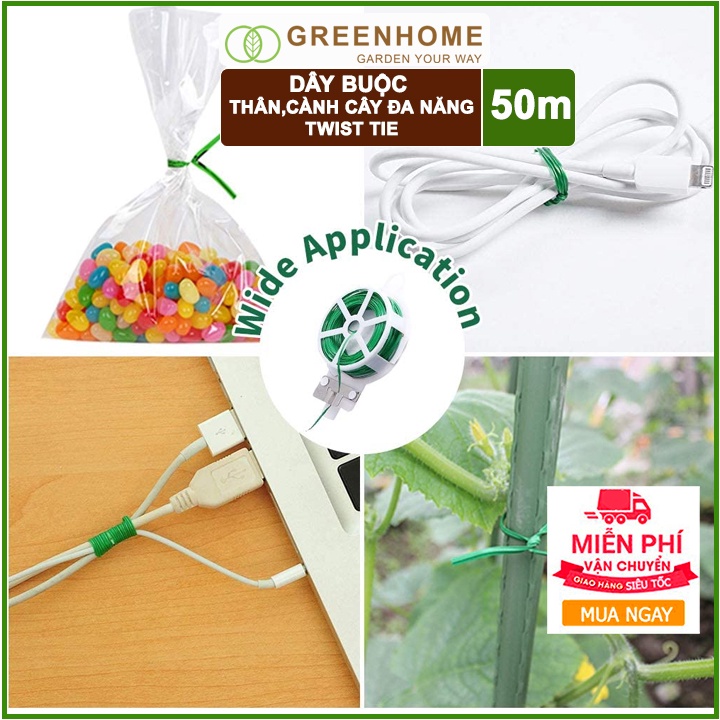 Dây Buộc Cành GreenHome, Dài 50m, Kẽm Bọc Nhựa, Tích Hợp Đầu Cắt Tiện Lợi, Cố Định Thân Cây, Làm Giàn Leo