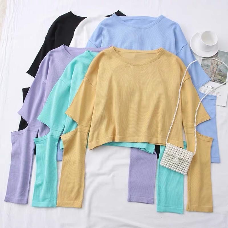Áo len gân croptop cut-out tay cá tính mẫu thu đông 2020