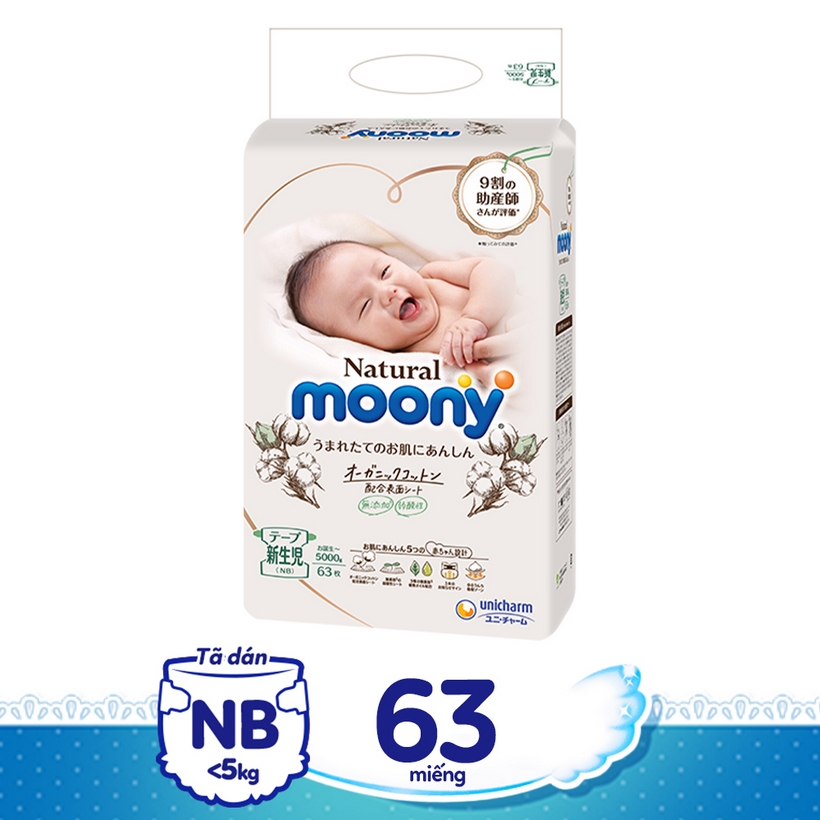 Tã dán cao cấp Moony Natural Newborn 63 miếng nhập khẩu Nhật Bản