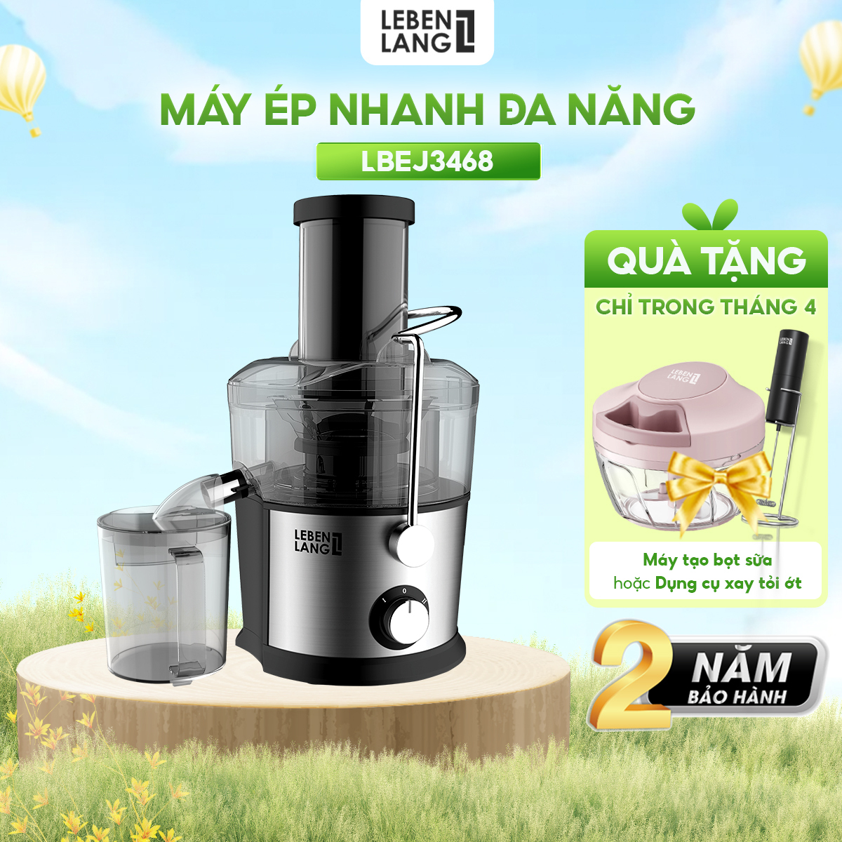 Máy ép trái cây rau củ LEBENLANG công suất cực mạnh 800W, dung tích lớn 1100ml, model LBEJ3468 - hàng chính hãng