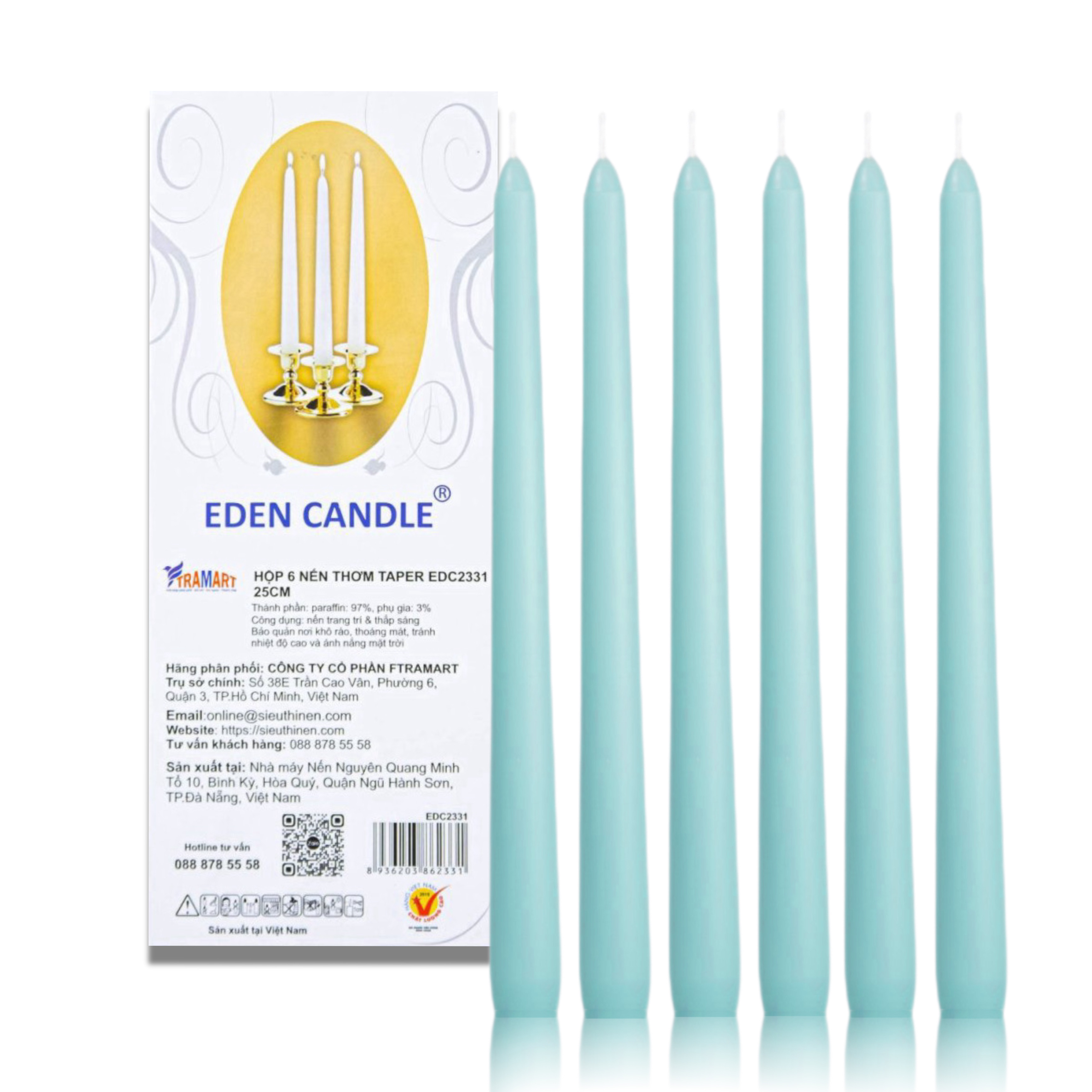 [Hộp 6 nến] Nến thơm taper Eden Candle FTRAMART EDC2331 (Xanh ngọc), cao 25 cm, phù hợp tất cả các chân nến theo tiêu chuẩn nến taper