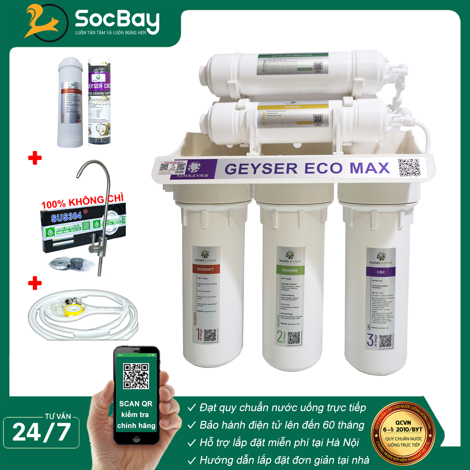 Máy lọc nước UF + Nano Geyser ECO MAX 6 cấp không dùng điện - Hàng Chính Hãng