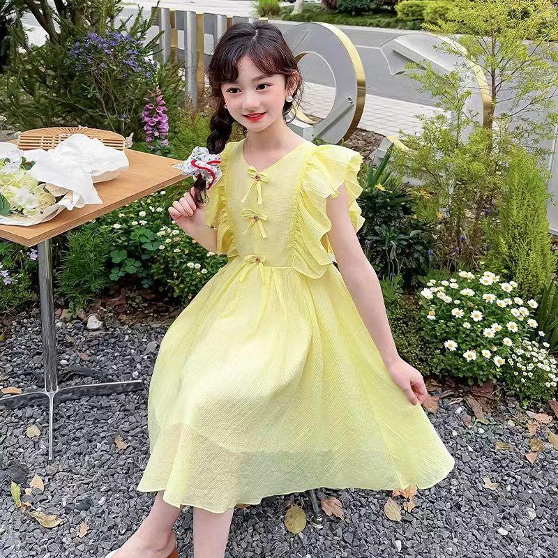CHENGRUI Cô gái ăn mặc mùa hè 2023 phong cách phương Tây trẻ em chiffon lưới váy công chúa màu đỏ thời trang cô gái không tay váy ẩm ướt