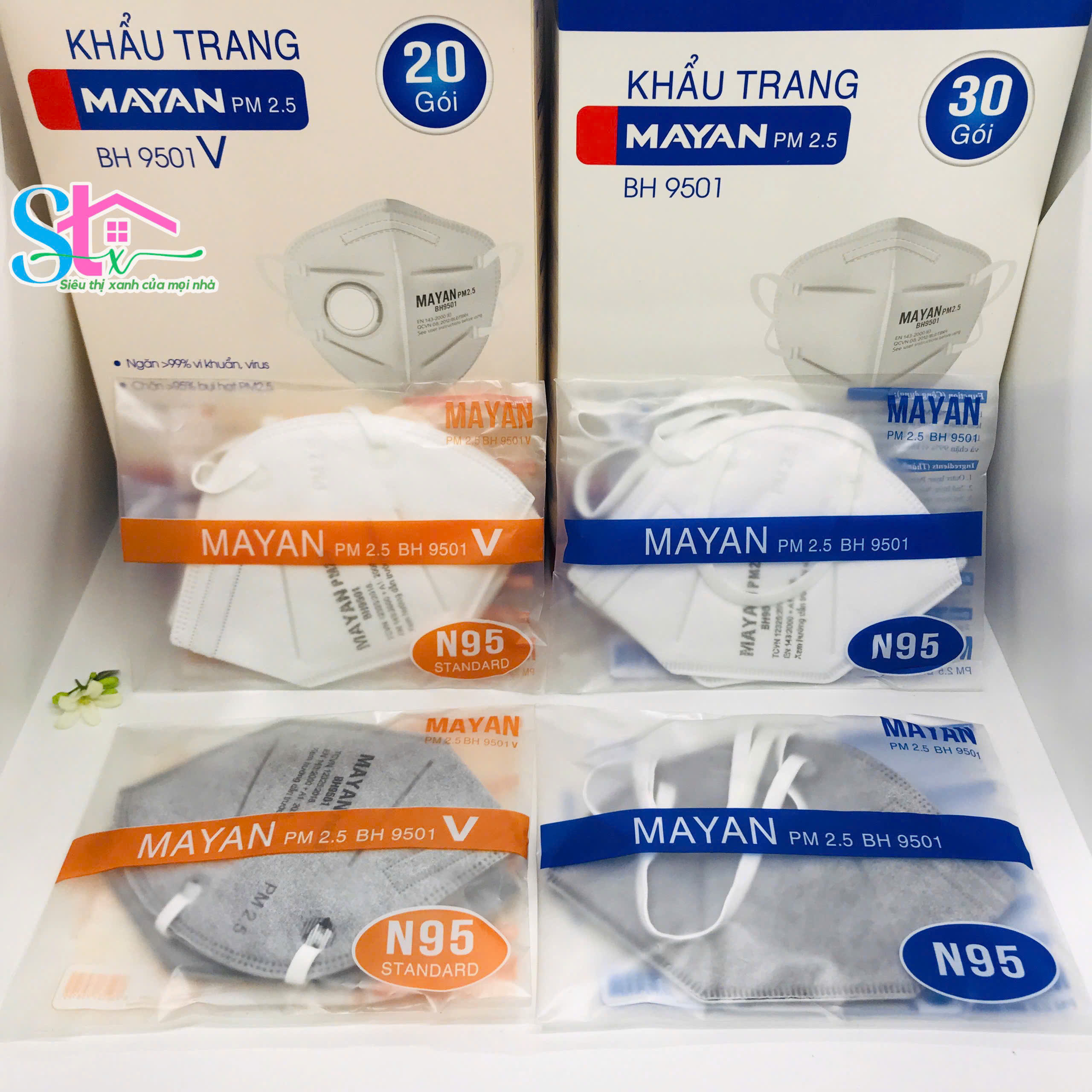 (Hộp 60 cái) Khẩu trang Mayan chính hãng PM2.5 BH9501 đệm mũi, Khẩu trang N95 BH9501V có van thở (hộp 40 cái)