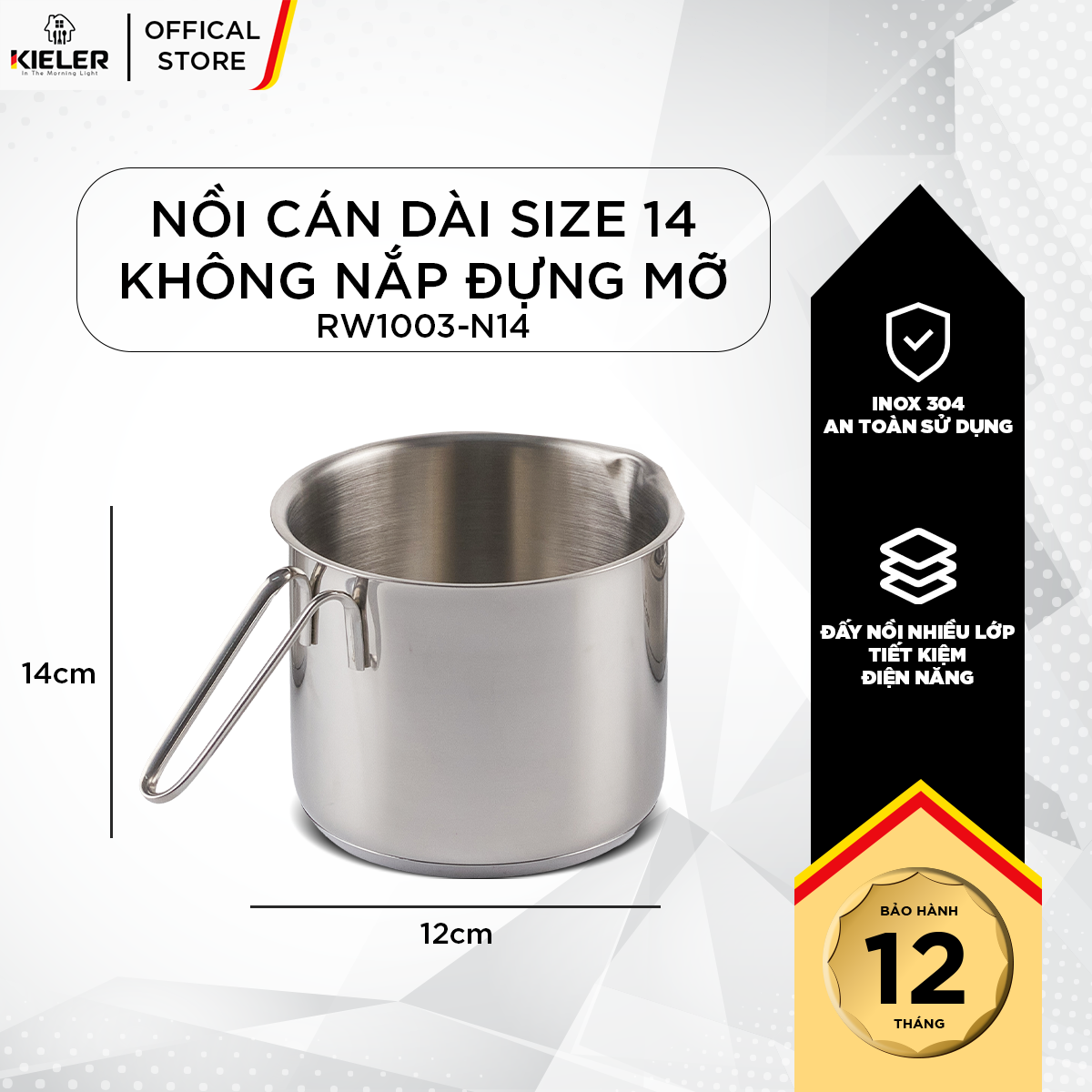 Nồi cán dài không nắp đựng mỡ KIELER đáy từ 14cm nấu nhanh, tiết kiệm điện, có 2 lớp chống dính Whitford RW1003-N14 - Hàng Chính Hãng