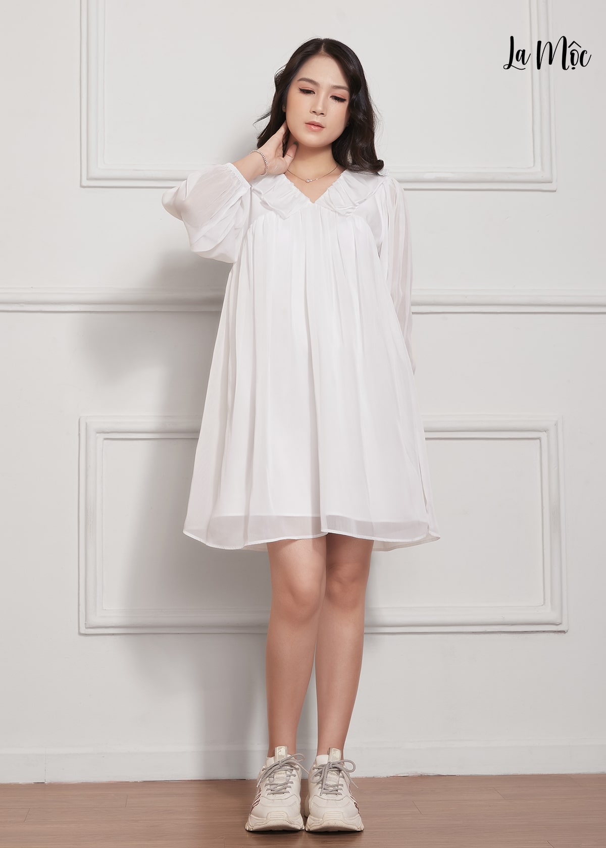 Đầm Babydoll Lụa Crep Cổ Bèo Tay Dài Maxivic, La Mộc - LM012210