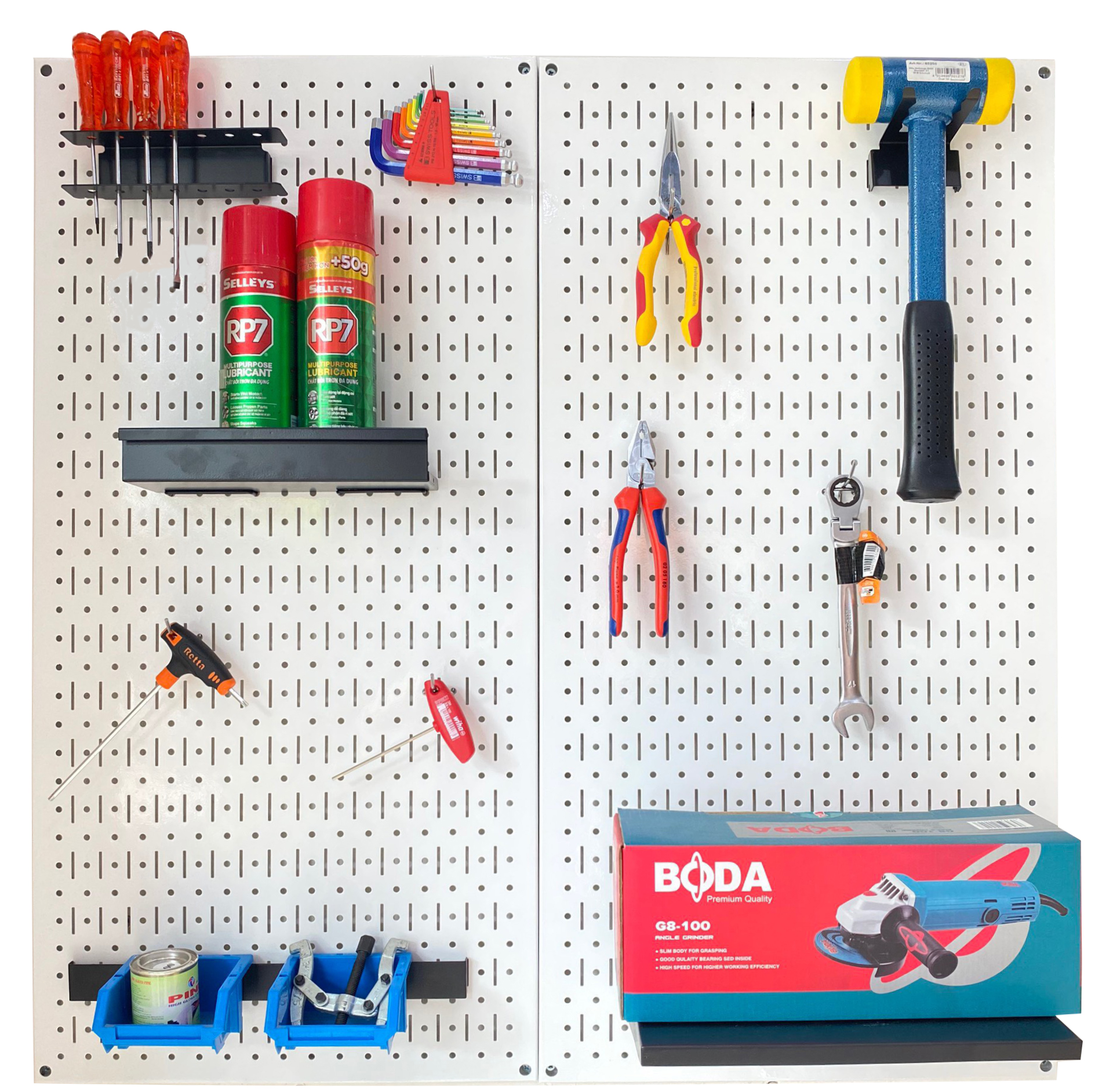 Tấm lưới đôi pegboard treo dọc màu trắng kèm phụ kiện treo
