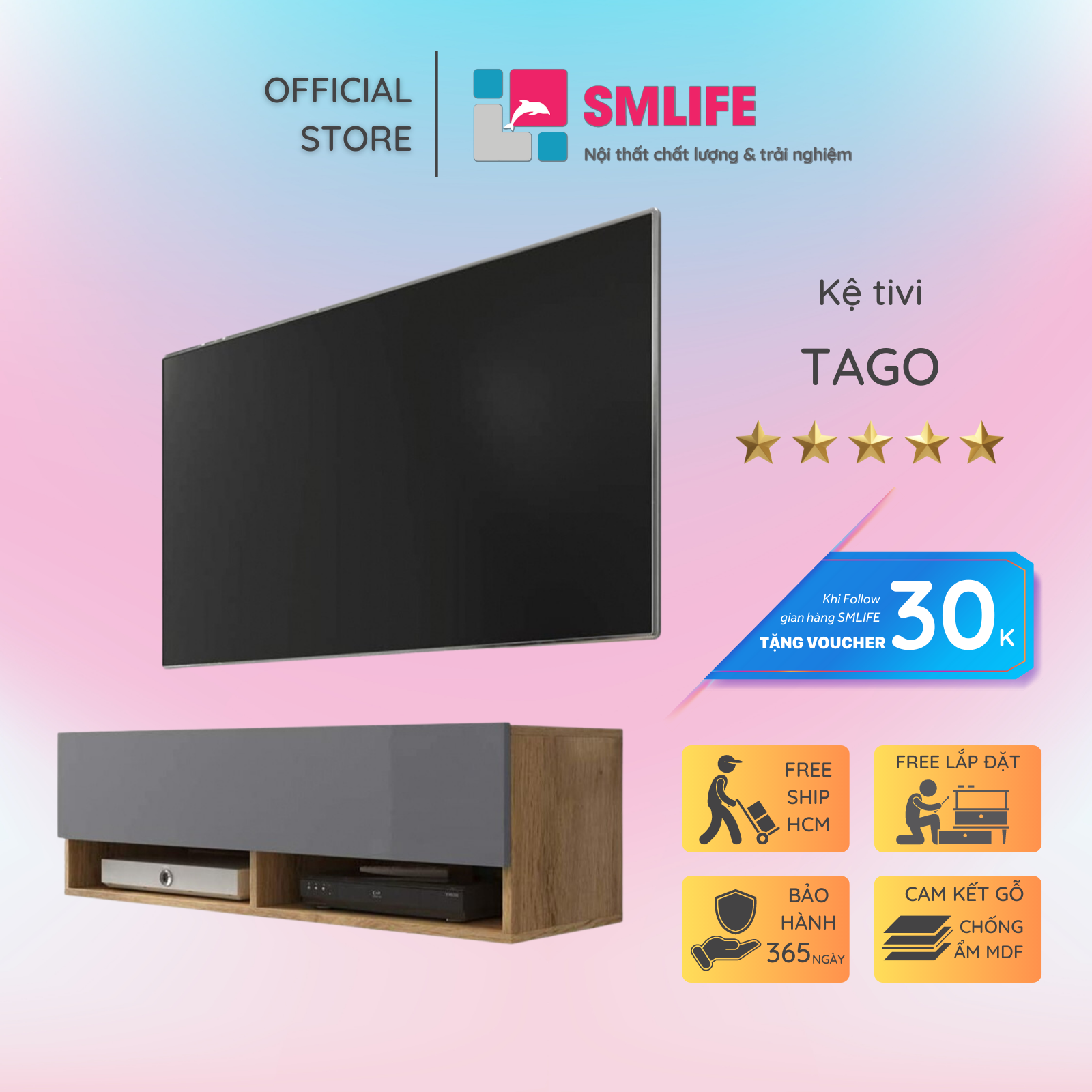 Kệ tivi gỗ hiện đại SMLIFE Tago | Gỗ MDF dày 17mm chống ẩm | D100xR30xC30cm