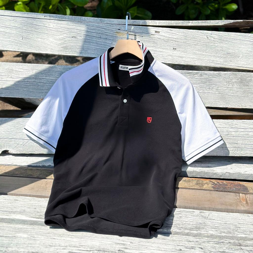 Áo Polo Nam Cao Cấp Có Cổ BY COTTON Raglan Đen Tay Trắng Phối Bo Nam Tính, Thanh Lịch, Sang Trọng, Trẻ Trung