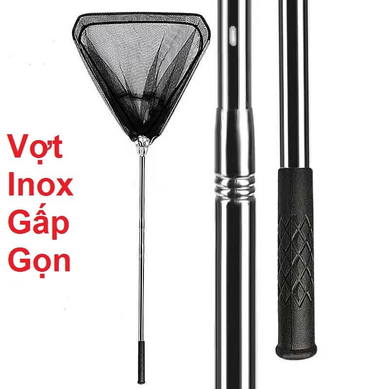 Vợt Vớt Cá Tam Giác Inox Rút, Gấp Gọn Lưới Mùng Lỗ 5mm Dài 2m1 - 2m5