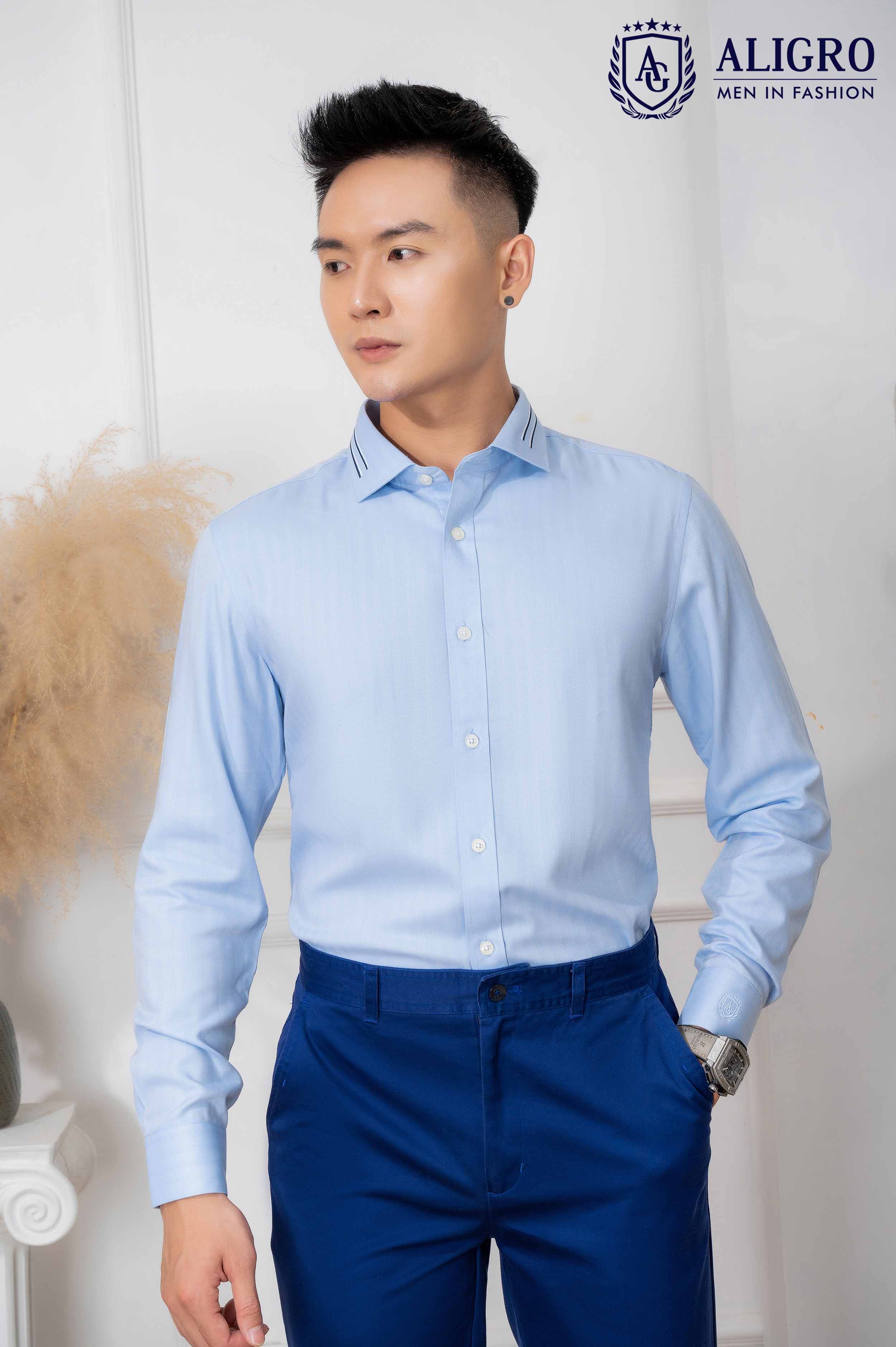 Áo sơ mi nam dài tay ALIGRO 100% chất bamboo Màu Xanh phối cổ bẻ dáng ôm body ALGS214
