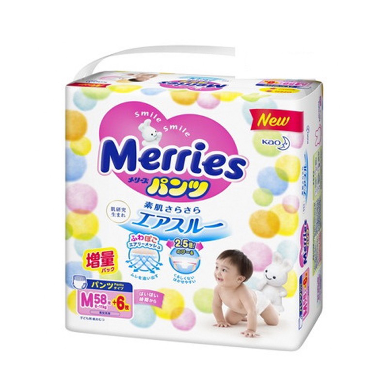 Bỉm - Tã quần Merries size M 64 nội địa thêm miếng