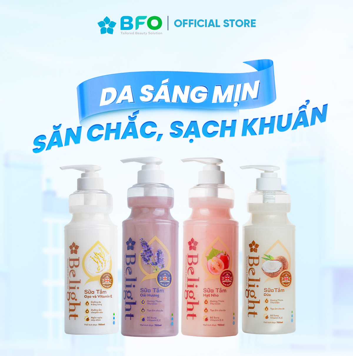 Sữa Tắm Lưu Hương Dưỡng Trắng Dưỡng Ẩm  Belight Dưỡng Da Mềm Mịn Chiết Xuất Thiên Nhiên 700ml