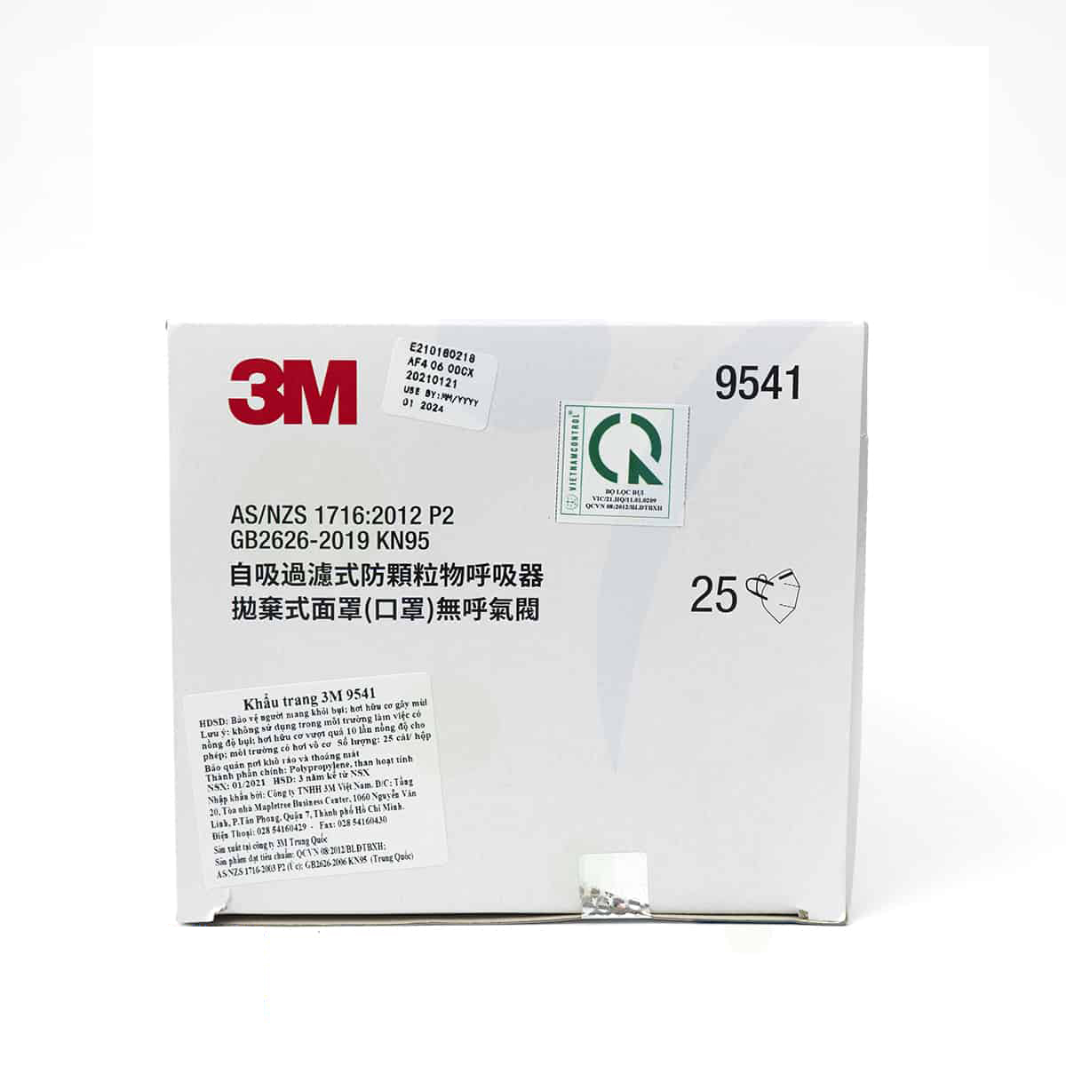 Hộp 25 khẩu trang 3M 9541 - Khẩu trang hoạt tính 3D 5 lớp kháng virus, chống bụi mịn, phòng dịch, tiêu chuẩn P2~N95