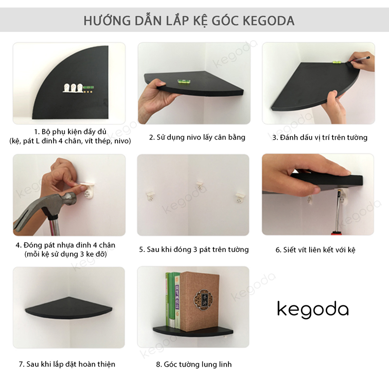 Kệ Gỗ Góc Tam Giác Gắn Tường, Kệ Hình Quạt 28cm Mini Nhỏ Xinh Không Cần Khoan KEGODA KGD41
