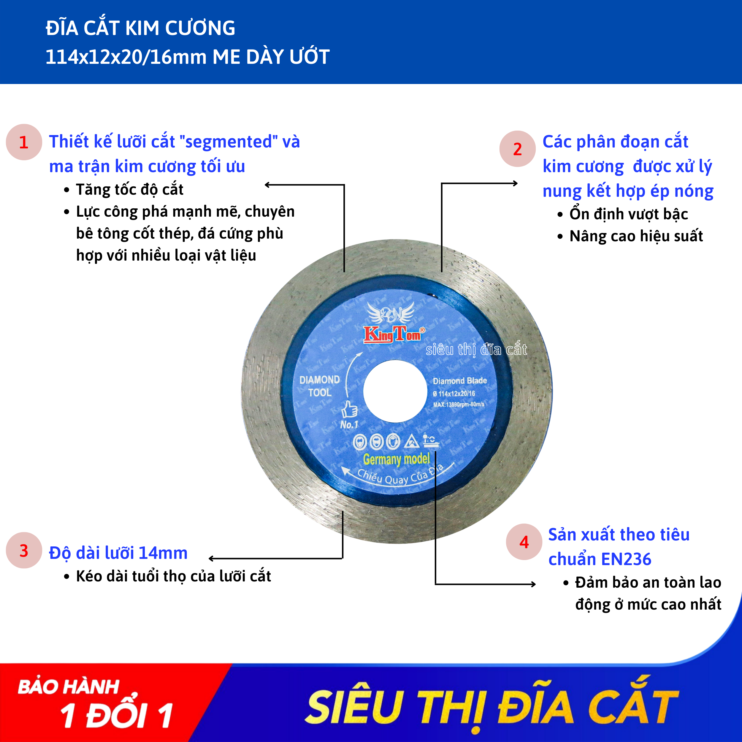 Lưỡi Cắt Gạch 100mm KingTom Me Dày Ướt - Siêu Bén - Siêu Bền